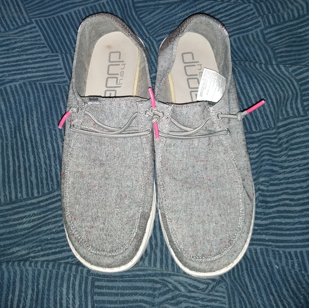 Women's size 11 Hey Dude Grey/pink multi specks all over.